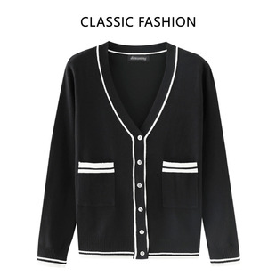 外套小香薄毛衣洋气外搭风格 女大码 上衣 拼色V领针织开衫 春秋新款