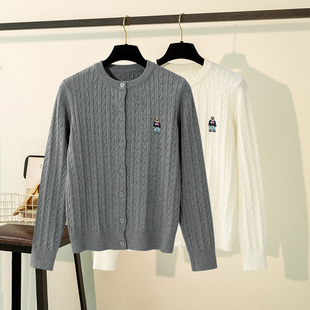 女外套刺绣卡通熊外搭毛衣长袖 圆领麻花针织开衫 绞花上衣 新款 秋季