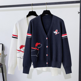 秋冬厚款 女外套洋气学院风V领上衣 百搭设计狗狗刺绣针织毛衣开衫