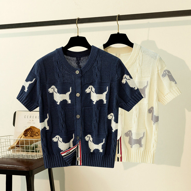 夏季新款短袖麻花针织开衫女薄款洋气小狗圆领T恤学院风显瘦上衣