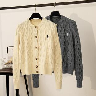 秋冬新款 女复古扣慵懒风外套小马刺绣绞花毛衣 加厚粗麻花针织开衫