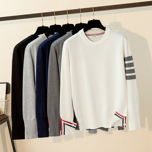 外套 情侣四道杠圆领针织衫 秋冬宽松休闲毛衣2026新款 打底男女同款