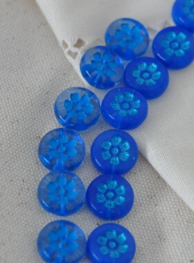 进口捷克珠16mm蓝色六瓣花圆珠古董琉璃珠复古串珠饰品材料配件