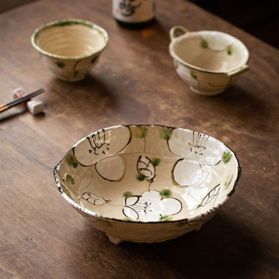 日本美浓烧花卉粗陶餐具复古