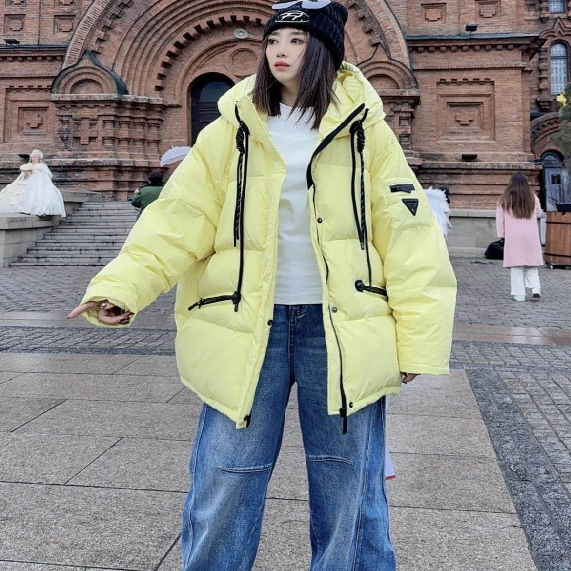 欧洲站2025冬休闲宽松中长款连帽糖果色加厚白鸭绒轮廓羽绒服女