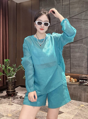 老钱风高级感夏季T恤两件套装女中长款洋气宽松苎麻防晒小衫短裤
