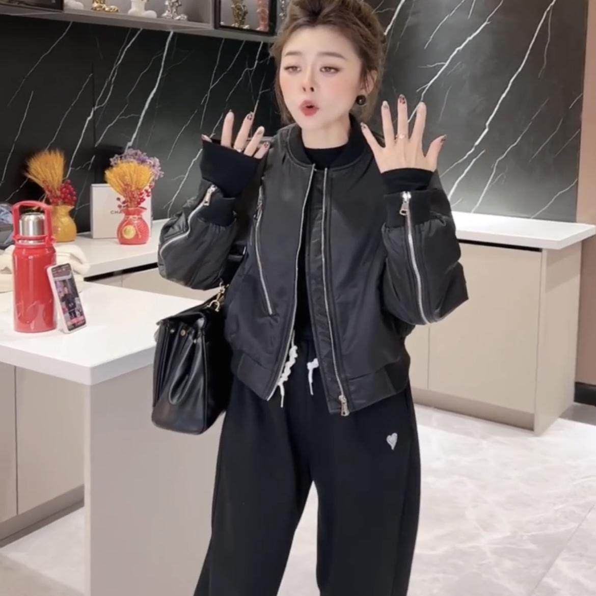 2025春秋新款棒球服短款立领斜拉链夹棉小夹克外套机车洋气外套女