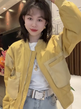 正版高货春秋户外棒球服小夹克服洋气pu拼皮立领短款女装大兜外套