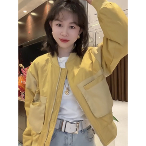 正版高货春秋户外棒球服小夹克服洋气pu拼皮立领短款女装大兜外套
