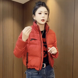 保暖棉衣外套红色百搭小个子 棉服女宽松时尚 好看韩版 立领齐腰短款