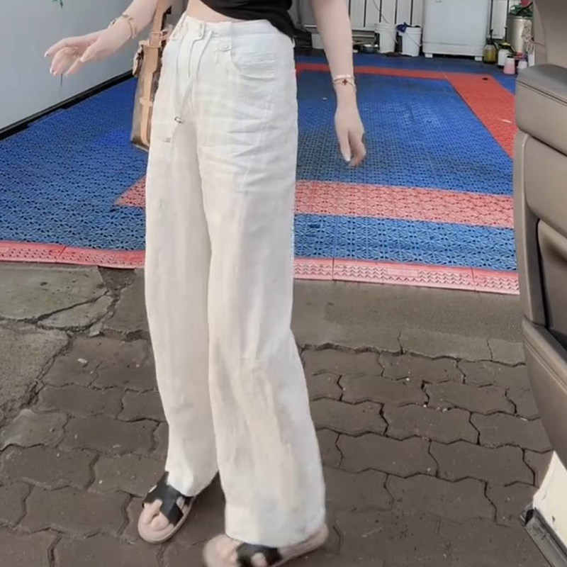 松紧高腰休闲亚麻裤子女洋气百搭薄料子直筒阔腿裤显腿长百搭褶皱 - 实物图