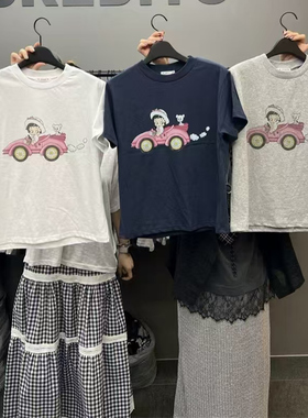 现2025夏季新女芯宝韩国代购CREDITO百搭宽松汽车贝蒂图案短袖T恤