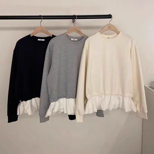 现2025春季新女芯宝韩国代购BOLD简约圆领拼接花苞下摆假两件卫衣