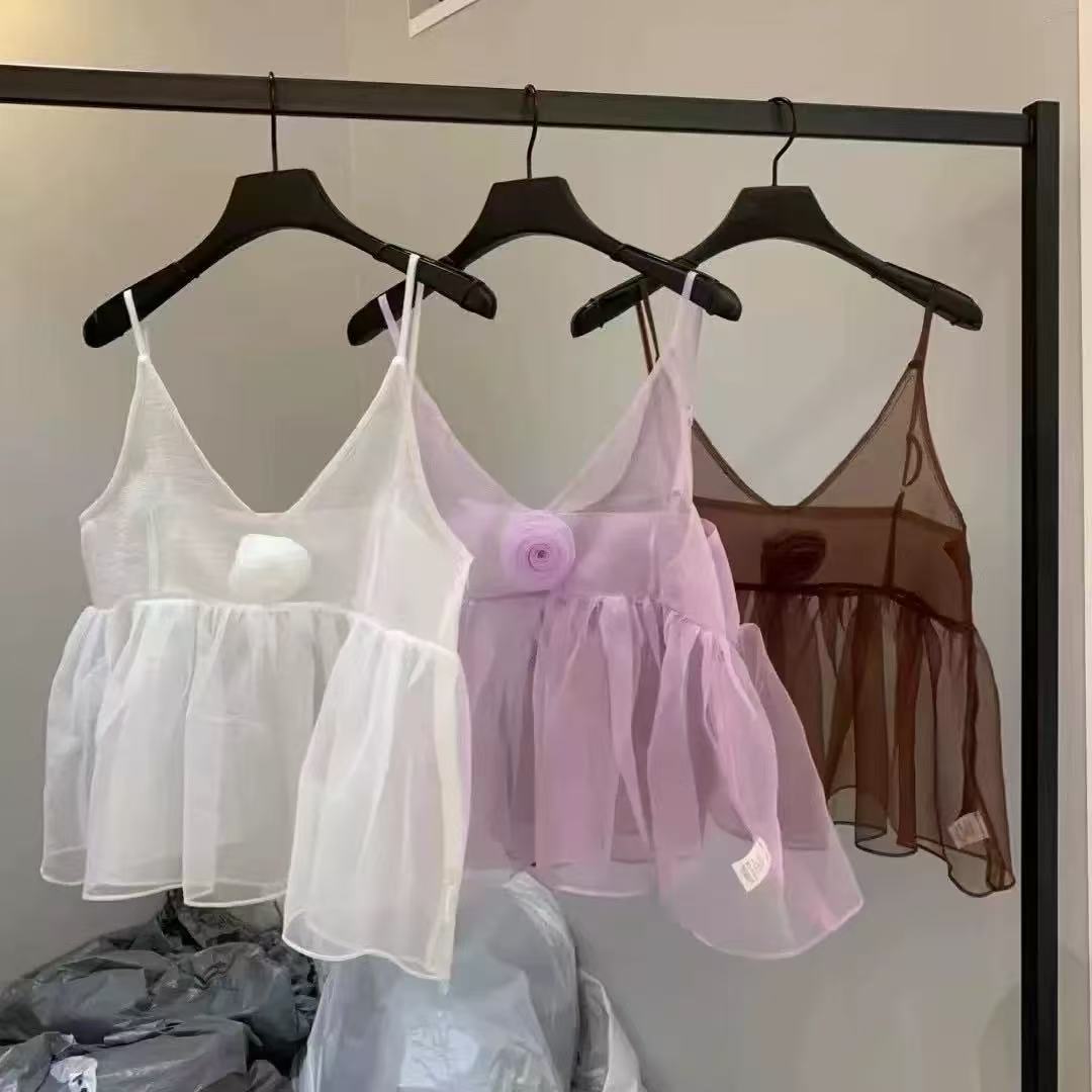 2025夏季新款女芯宝韩国代购softness透视叠穿玫瑰花纯色吊带背心
