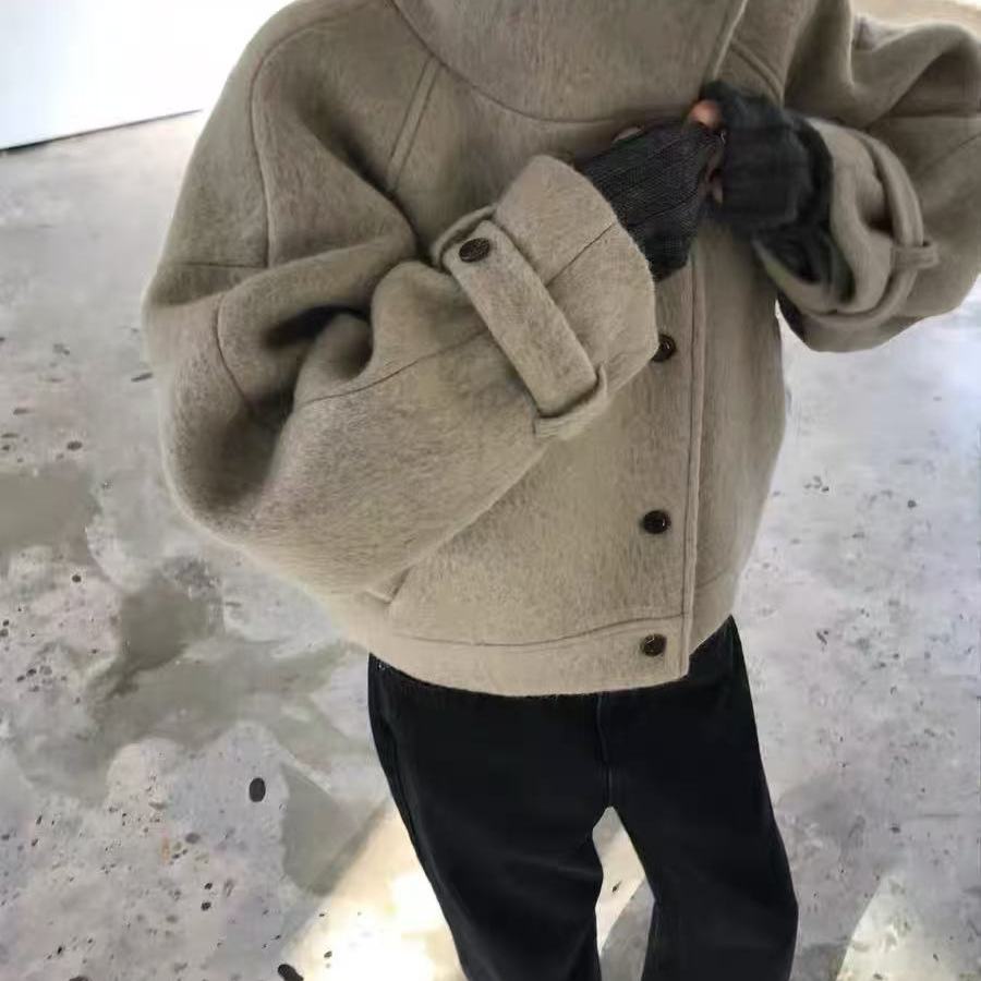 pado时尚斜扣短款羊毛大衣外套