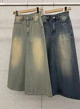 现~2026春季新款女芯宝韩国代购at the bagel洋气磨白高腰半身裙