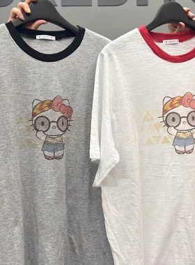 2025夏季新款女芯宝韩国代购CREDITO休闲撞色圆领眼镜猫咪短袖T恤