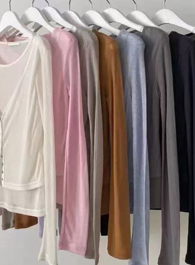 现~2025春季新款女芯宝韩国代购Tempting假两件系扣微透天丝长袖T