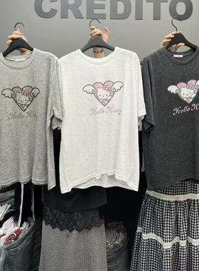 现~2025夏季新女芯宝韩国代购CREDITO百搭爱心蝴蝶结猫咪短袖T恤