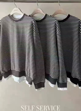 现~2025秋冬新款女芯宝韩国代购self service时尚条纹假两件卫衣