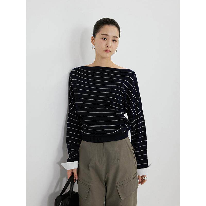 时简 春日开场白 天丝羊毛撞色条纹袖口拼接2026新款针织衫10192