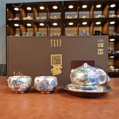 周鸿杰999纯银鎏银功夫茶具一壶两杯礼盒装茶壶套装德化陶瓷茶盘
