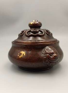 仿古狮头耳元宝盖铜熏香炉 古玩铜器收藏铜摆件 家居装饰工艺品