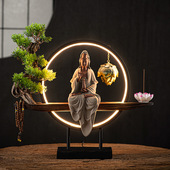 新中式 饰摆设 禅意灯圈观音菩萨佛像摆件创意倒流香炉客厅玄关装