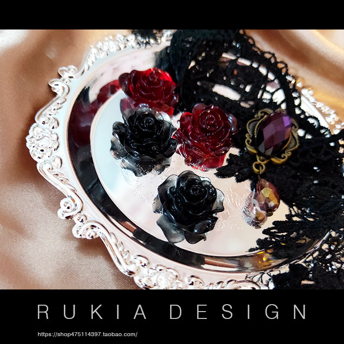 rukia血色玫瑰耳钉黑暗系gothic哥特午夜透明红中世纪黑玫瑰耳夹