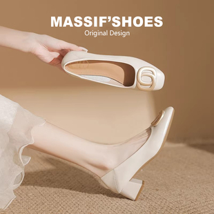 真皮！法式高跟鞋女款裸色配裙子晚晚风浅口方头白色工作皮鞋单鞋