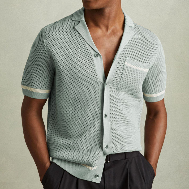 2025夏季欧美男士性感镂空针织衫古巴领休闲短袖Polo衫Men Shirts