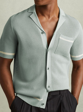2025夏季欧美男士性感镂空针织衫古巴领休闲短袖Polo衫Men Shirts
