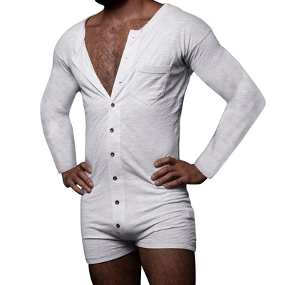 Men long sleeved bodysuit欧美男装纯色性感开衫短裤紧身连体衣