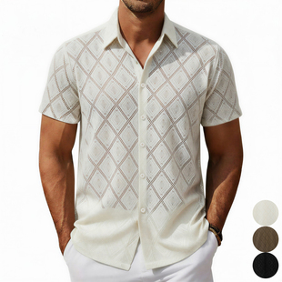 Men 2026春夏新款 蕾丝休闲衬衫 衬衣男大码 shirts 港风纯色镂空短袖