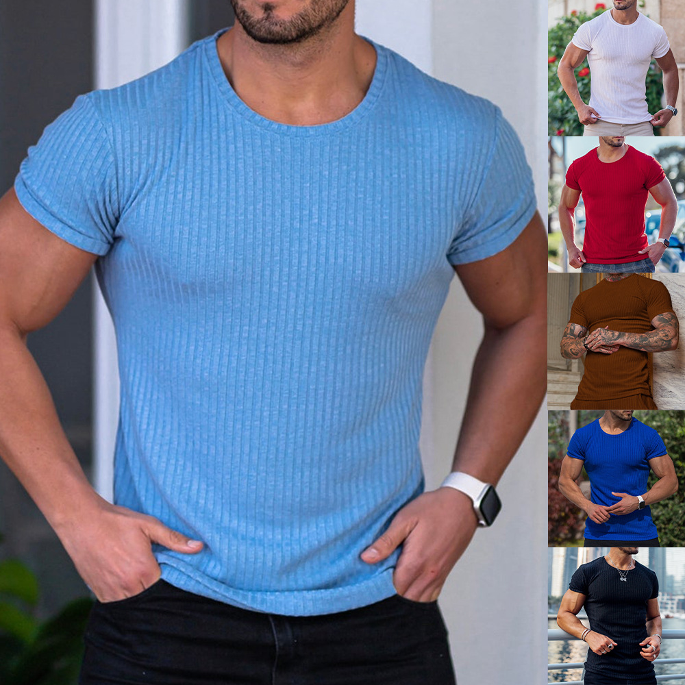 2025夏欧美男士纯色圆领竖条纹运动健身弹力短袖T恤Men's T-shirt