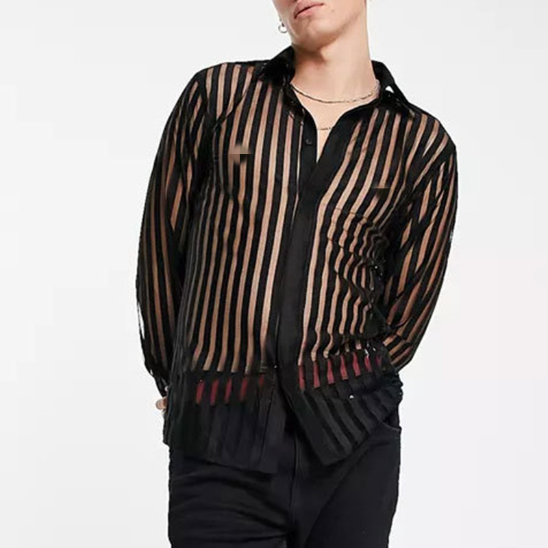 欧美男装2026透气网纱印花长袖衬衫性感透视翻领衬衣潮Men Shirts