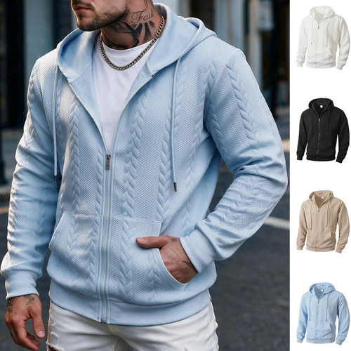2026春秋扭花连帽卫衣男宽松纯色开衫外套休闲帽衫上衣Men jacket