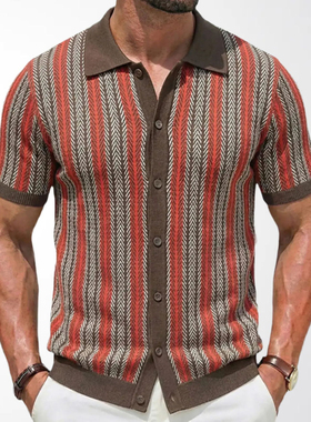 2026夏季欧美短袖修身T恤针织衫男条纹提花商务polo衫Men T-shirt