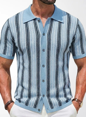 2026夏季欧美条纹拼色针织T恤男修身短袖开衫polo衫Men's T-shirt