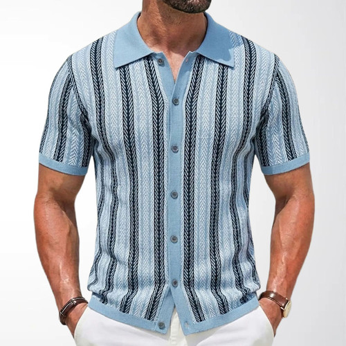 2026夏季欧美条纹拼色针织T恤男修身短袖开衫polo衫Men's T-shirt