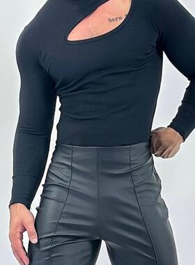 2025秋季欧美男士性感修身黑色长袖t恤纯色镂空打底衫Men T-Shirt