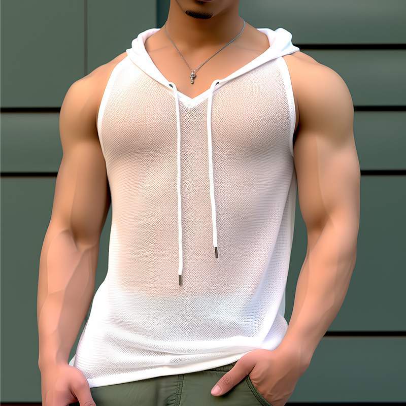 2025夏季欧美男士纯色连帽性感微透紧身背心无袖坎肩上衣Men vest