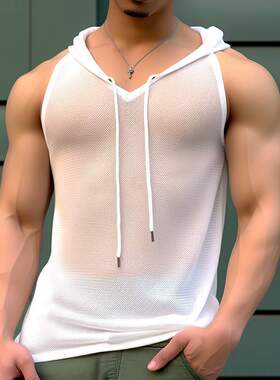 2025夏季欧美男士纯色连帽性感微透紧身背心无袖坎肩上衣Men vest
