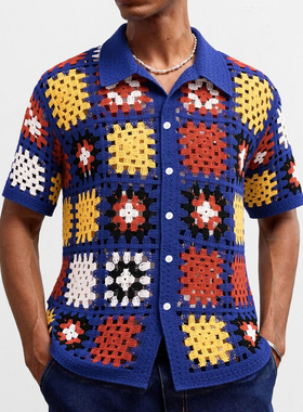 2025夏外贸时尚拼色镂空透视短袖衬衣男大码休闲衬衫Men's shirts