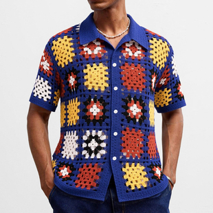 拼色镂空透视短袖 衬衣男大码 Men shirts 休闲衬衫 2025夏外贸时尚