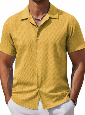 2026春夏外贸男士纯色暗纹短袖衬衣古巴领宽松休闲衬衫Men shirts