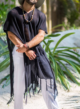 2025夏季男士设计感流苏边沙滩度假上衣套头罩衫风衣Men's shirt