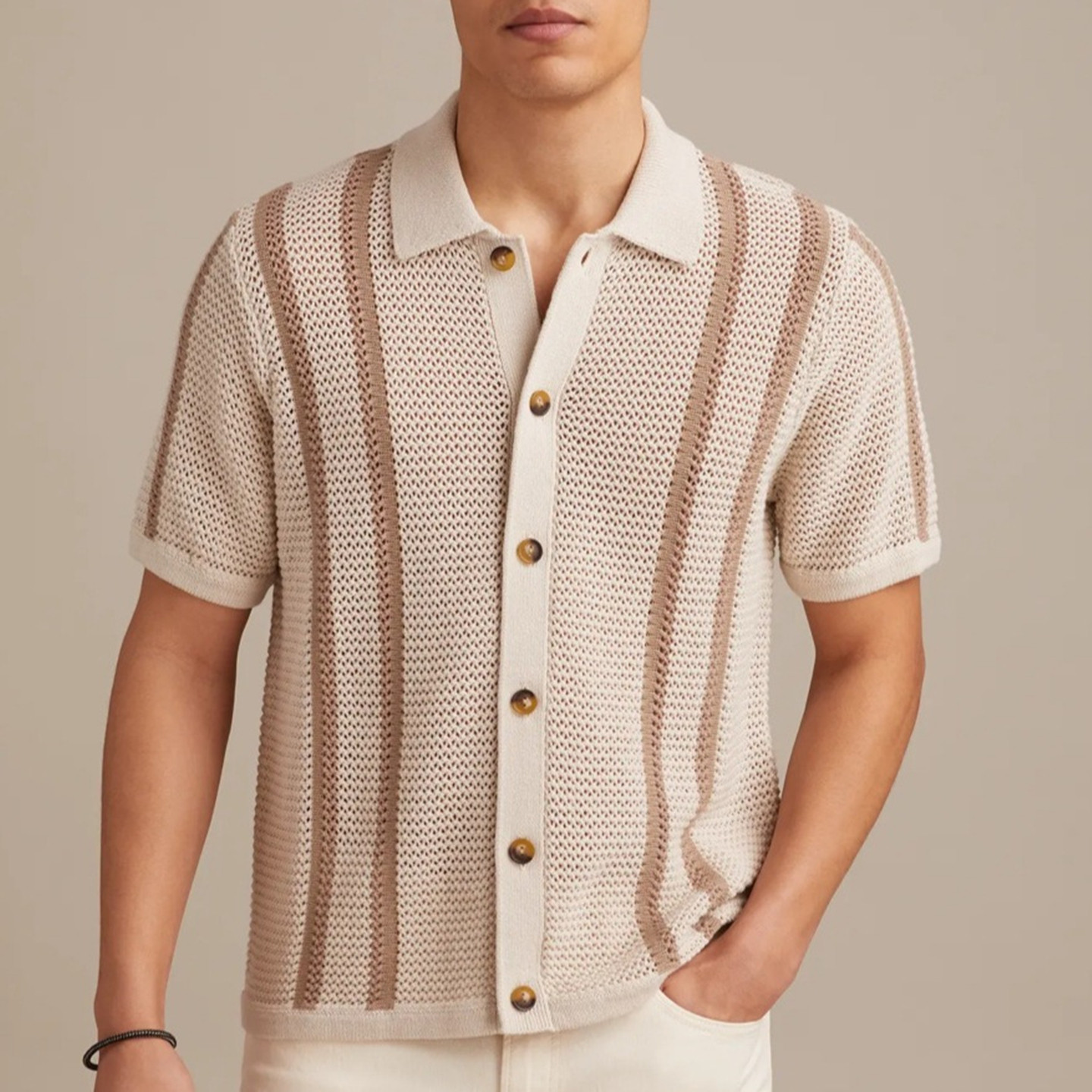 2026夏欧美条纹拼色镂空短袖polo衫男休闲开衫上衣Men's T-shirt