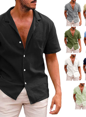 2026夏季新款纯色翻领短袖衬衣男士大码休闲美式衬衫Men's Shirts