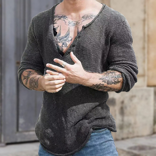 V领针织毛衣男复古修身 长袖 v领打底上衣 Men Shirt 2025秋季 新款